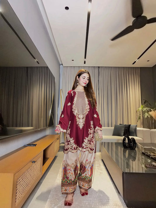 Ethnic D435 Maroon Premium Silk Embroidered 2-Piece Suit