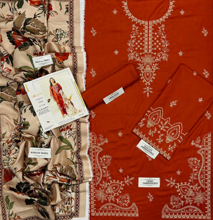 Mohagni NF 1318 Rust Premium Dhanak Embroidered 3-Piece Winter Suit (Unstitched)