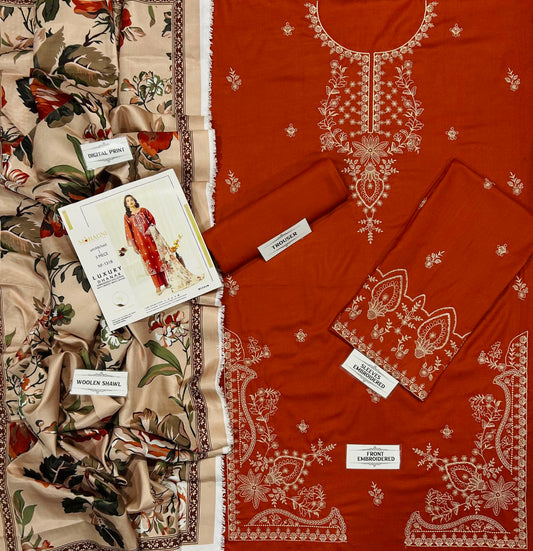 Mohagni NF 1318 Rust Premium Dhanak Embroidered 3-Piece Winter Suit (Unstitched)