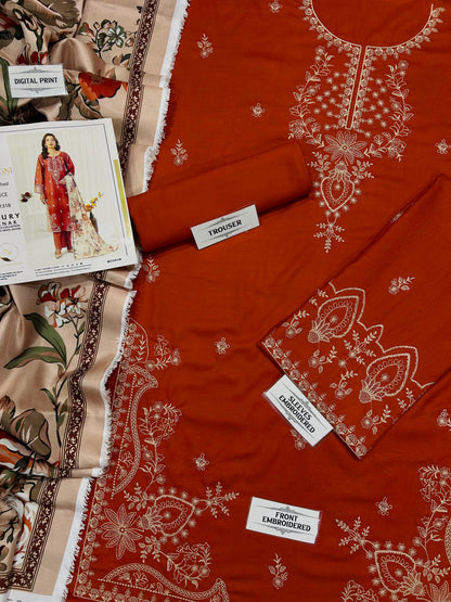 Mohagni NF 1318 Rust Premium Dhanak Embroidered 3-Piece Winter Suit (Unstitched)