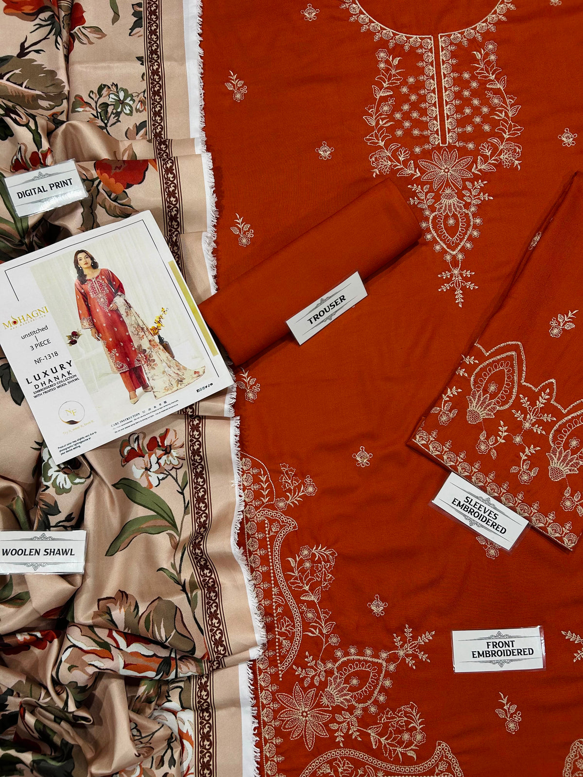Mohagni NF 1318 Rust Premium Dhanak Embroidered 3-Piece Winter Suit (Unstitched)
