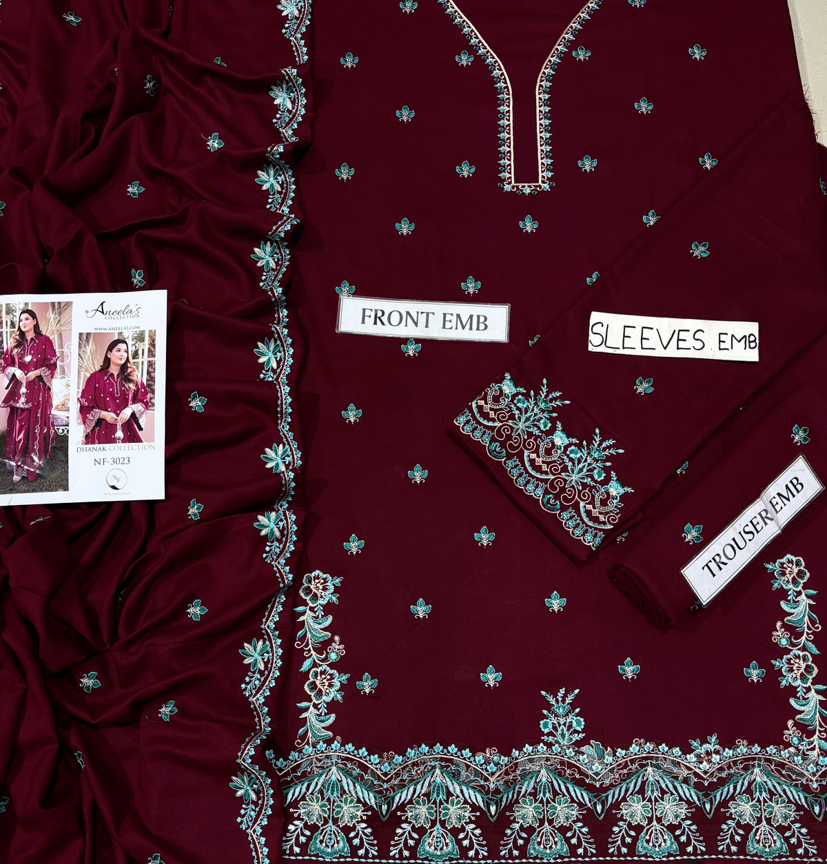 Aneelas NF 3023 Premium Dhanak Embroidered 3-Piece Winter Suit