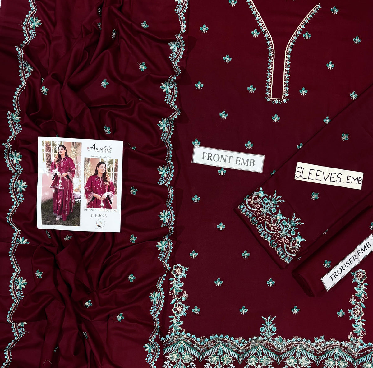 Aneelas NF 3023 Premium Dhanak Embroidered 3-Piece Winter Suit