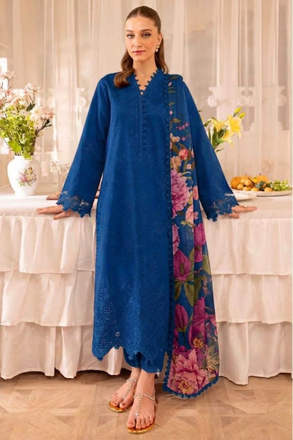 Farisha Pure Navy Dhanak 3PC Heavy Embroidered Suit