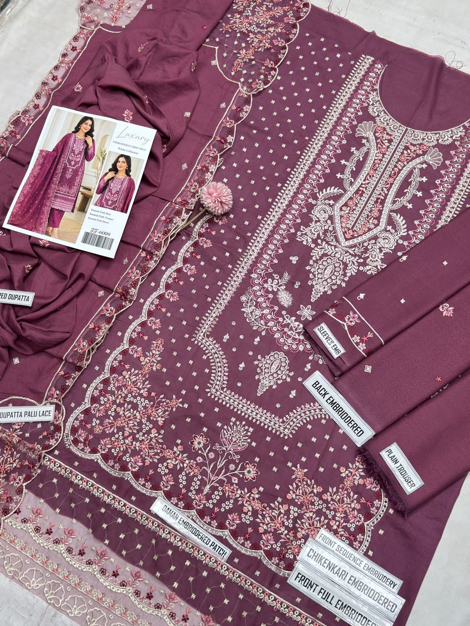 Bareeze 6009 Magenta Karandi Embroidered 3-Piece Suit