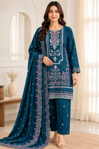 Bareeze 6009 Teal Blue Karandi Embroidered 3-Piece Suit