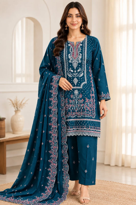 Bareeze 6009 Teal Blue Karandi Embroidered 3-Piece Suit