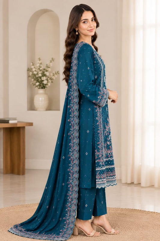 Bareeze 6009 Teal Blue Karandi Embroidered 3-Piece Suit