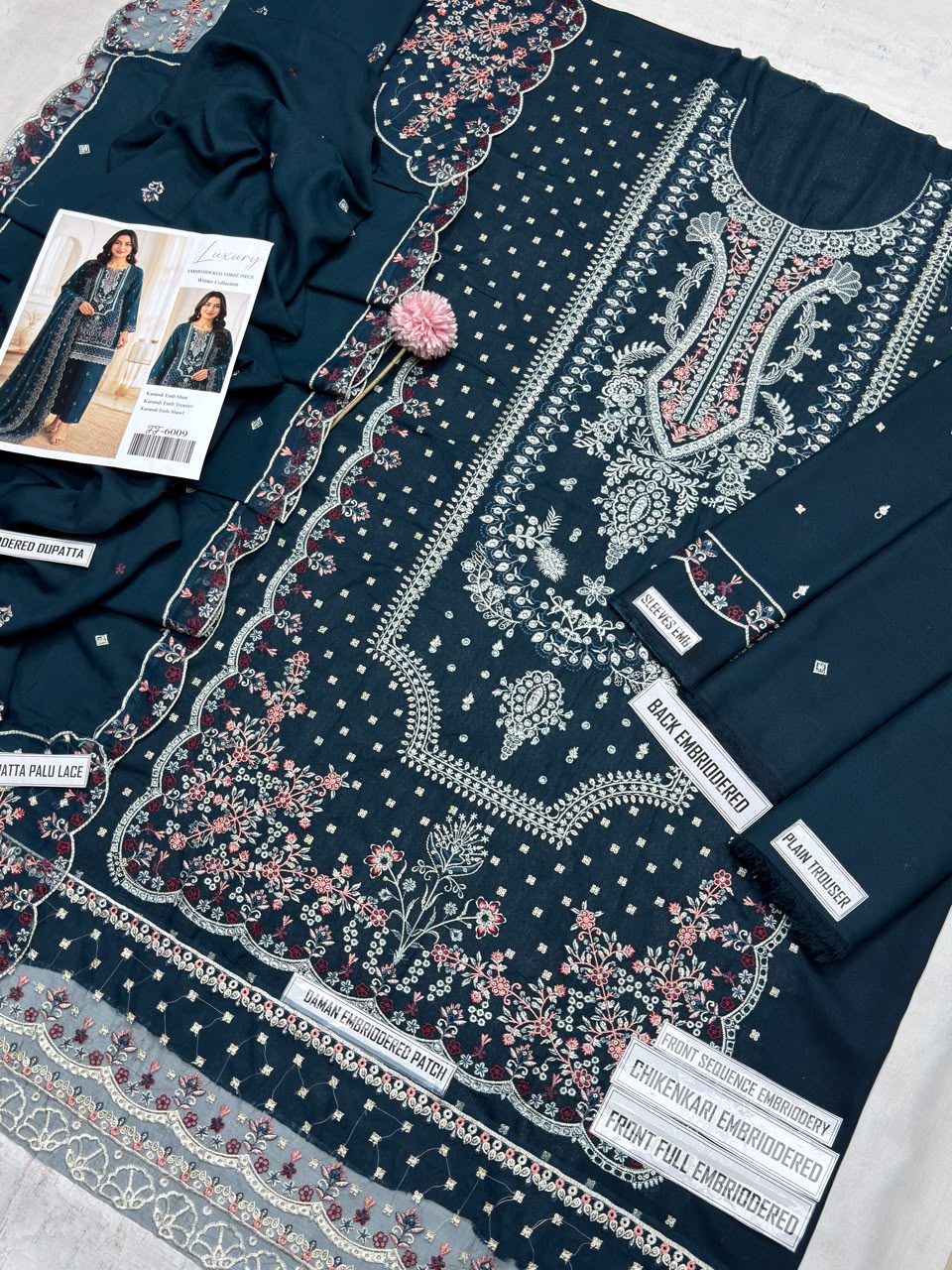 Bareeze 6009 Teal Blue Karandi Embroidered 3-Piece Suit