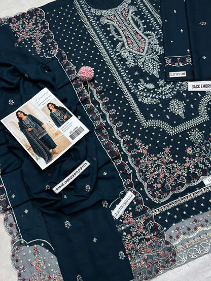 Bareeze 6009 Teal Blue Karandi Embroidered 3-Piece Suit