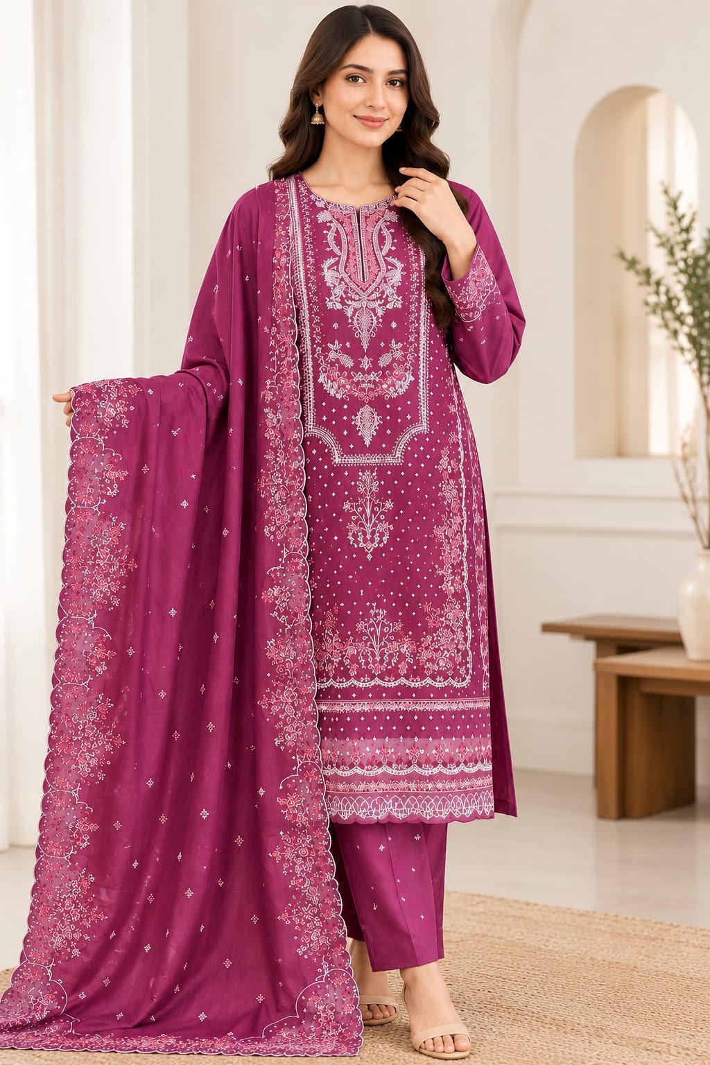 Bareeze 6009 Magenta Karandi Embroidered 3-Piece Suit