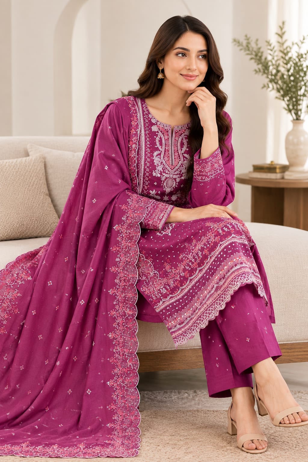 Bareeze 6009 Magenta Karandi Embroidered 3-Piece Suit