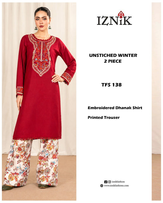 IZNIK TFS 138 Luxury Embroidered Dhanak 2-Piece Suit – Red