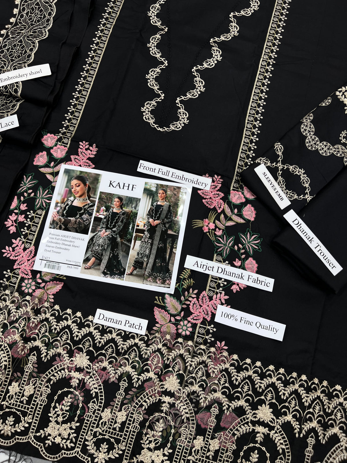 KAHF 1423 Premium Airjet Dhanak Embroidered Suit with Shawl