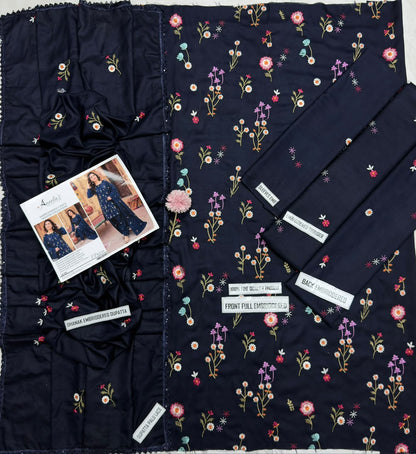 Aneelas 2719 Navy Blue Dhanak Heavy Embroidered Suit with Dupatta