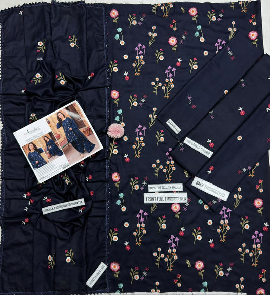 Aneelas 2719 Navy Blue Dhanak Heavy Embroidered Suit with Dupatta