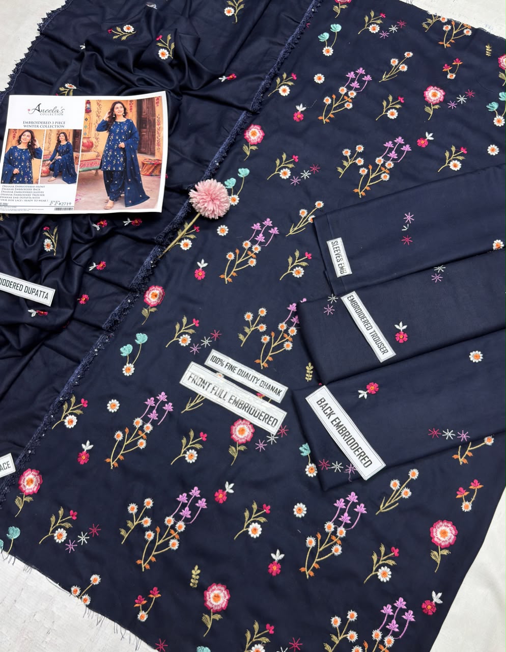 Aneelas 2719 Navy Blue Dhanak Heavy Embroidered Suit with Dupatta