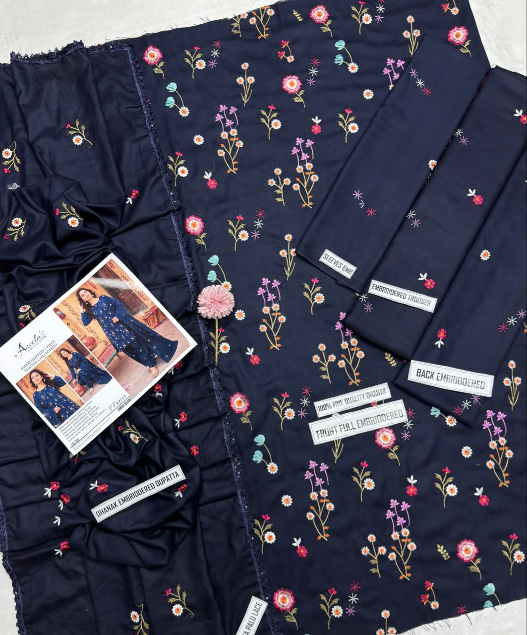 Aneelas 2719 Navy Blue Dhanak Heavy Embroidered Suit with Dupatta