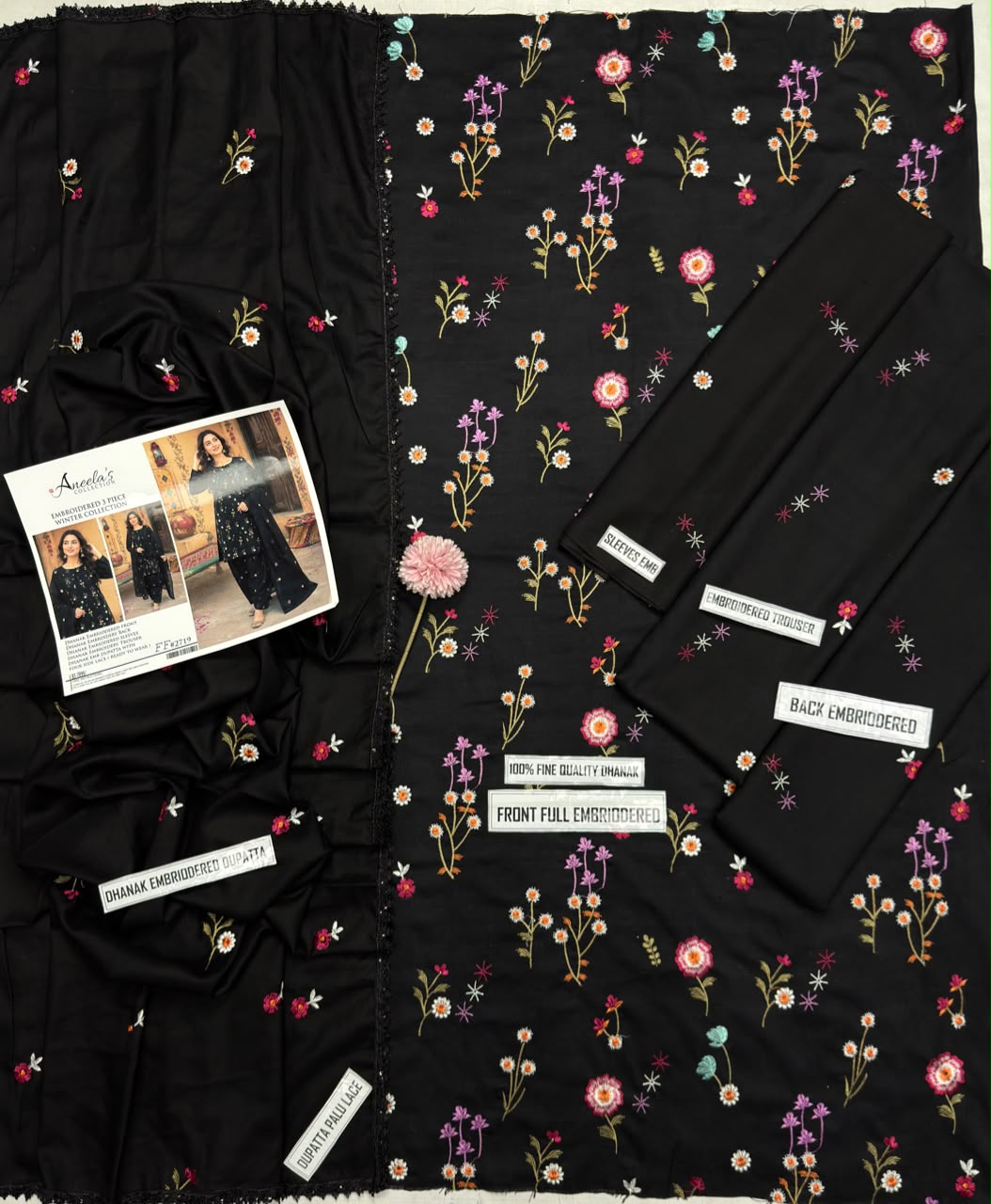 Aneelas 2719 Black Dhanak Heavy Embroidered Suit with Dupatta
