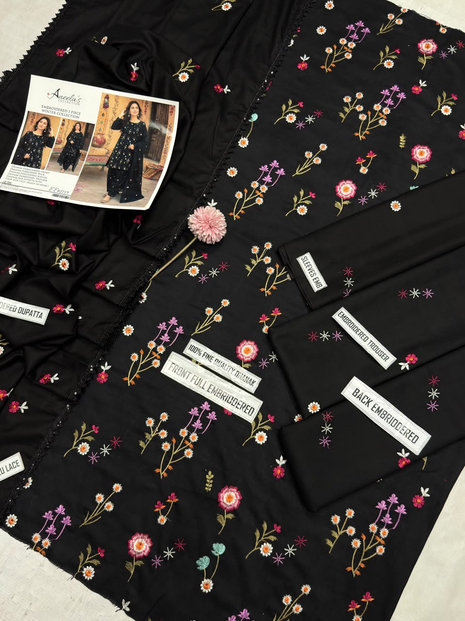 Aneelas 2719 Black Dhanak Heavy Embroidered Suit with Dupatta