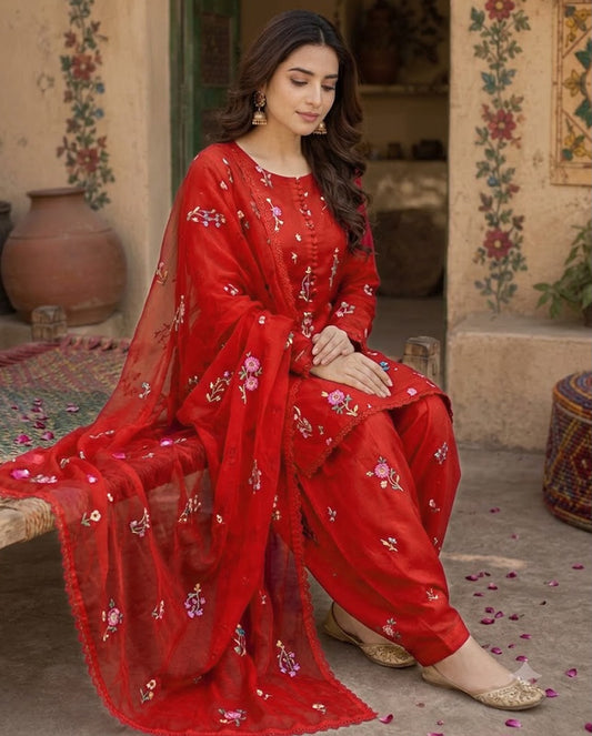 Aneelas 2719 Red Dhanak Heavy Embroidered Suit with Dupatta