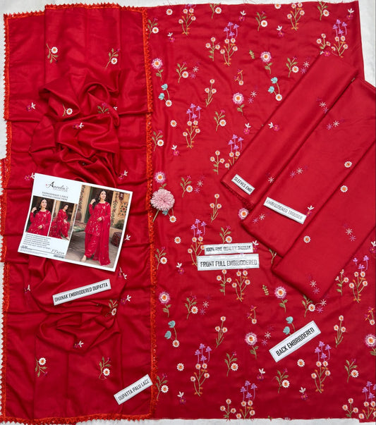 Aneelas 2719 Red Dhanak Heavy Embroidered Suit with Dupatta