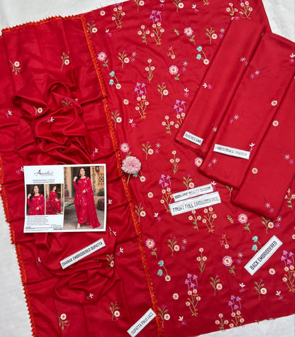 Aneelas 2719 Red Dhanak Heavy Embroidered Suit with Dupatta