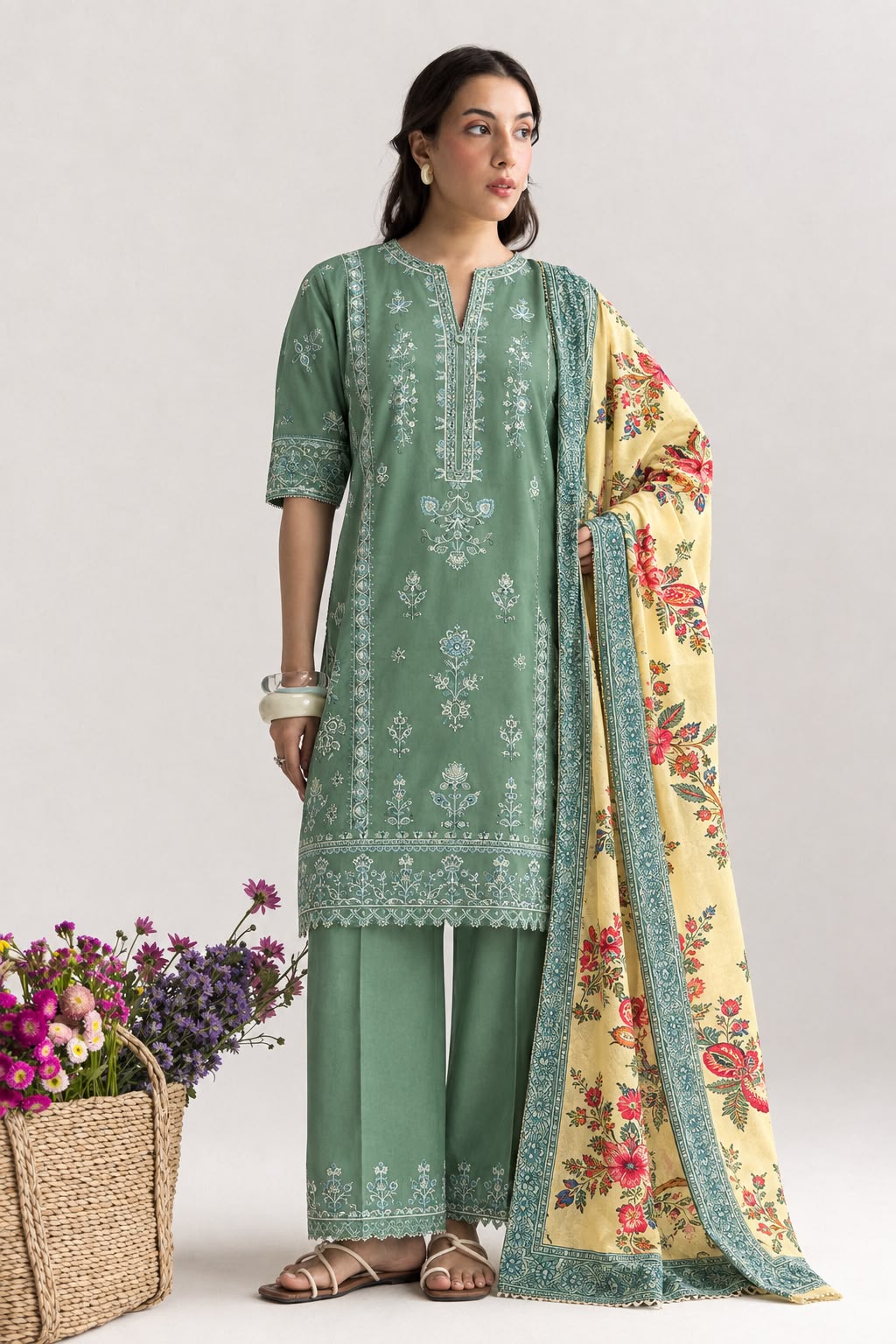 COCO 9061 Premium Dhanak Embroidered Suit with Wool Shawl