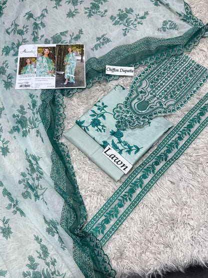 3 Piece Unstitched Lawn Suit with Chiffon 4 Side Lace Cutwork Dupatta – Bella's Creation