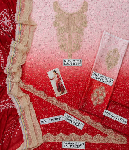 3-Piece Digital Printed Silk Suit with Embroidered Patches & Chiffon Dupatta | Bella's Creation