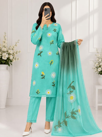Bareeze Embroidery 3PC Lawn Suit aqua floral model wearing full outfit with dupatta