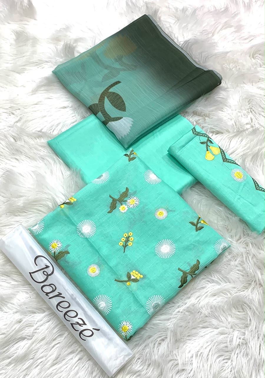 Bareeze Embroidery 3PC Lawn Suit aqua floral unstitched fabric view