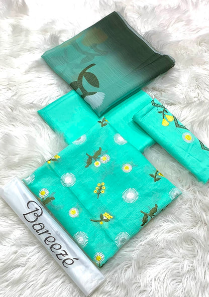 Bareeze Embroidery 3PC Lawn Suit aqua floral unstitched fabric view