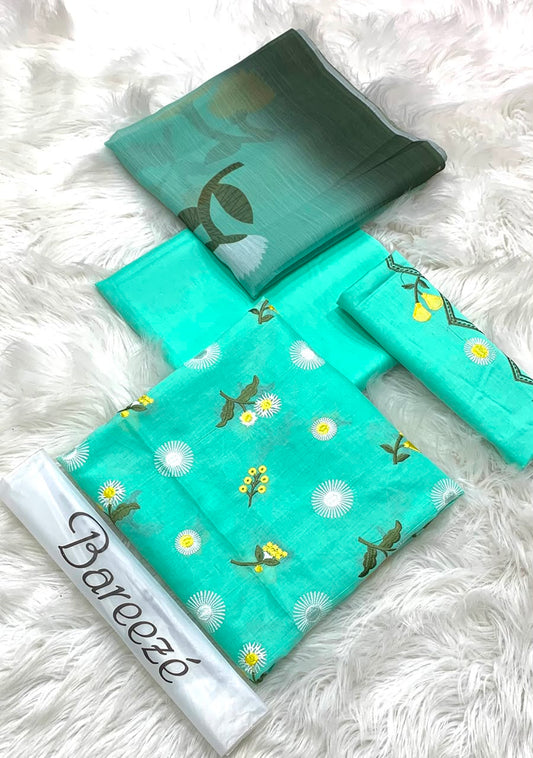 Bareeze Embroidery 3PC Lawn Suit aqua floral unstitched fabric view