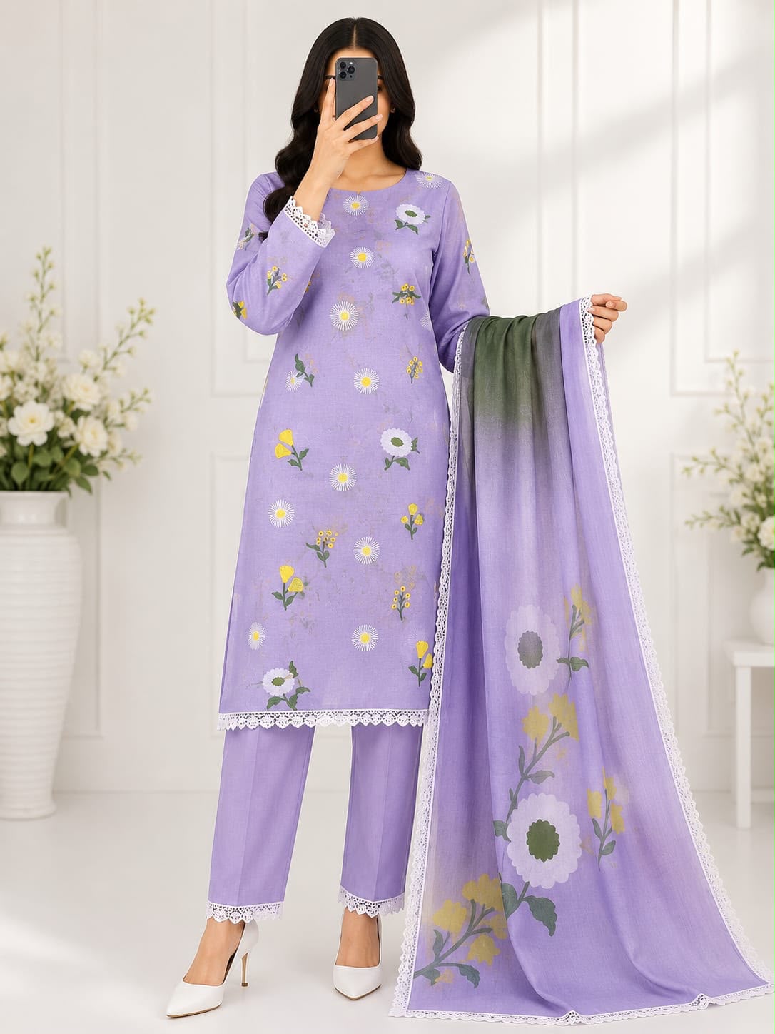 Bareeze Embroidery 3PC Lawn Suit Lavender Floral – fabric flat lay