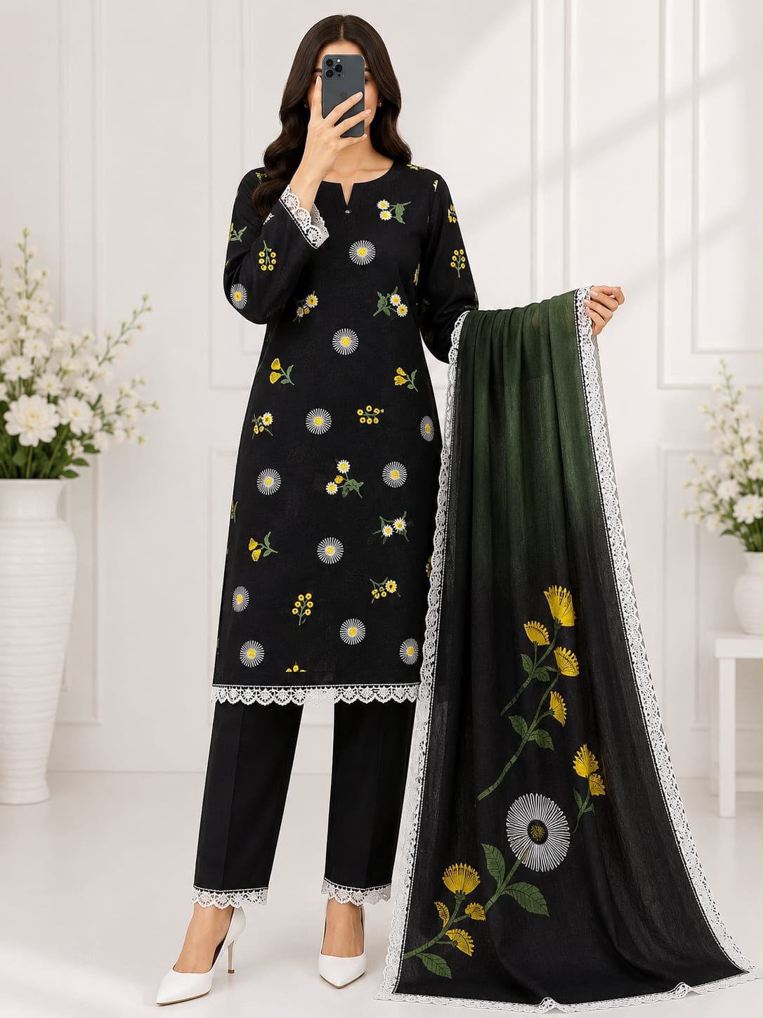 Bareeze Embroidery 3PC Lawn Suit Black Floral – model wearing full outfit