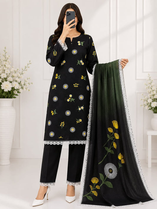 Bareeze Embroidery 3PC Lawn Suit Black Floral – model wearing full outfit