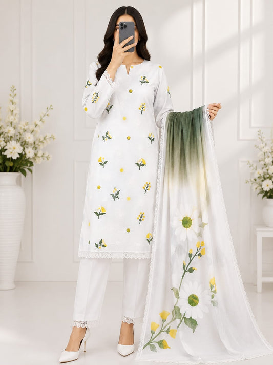 Bareeze Embroidery 3PC Lawn Suit White Floral – model wearing full outfit