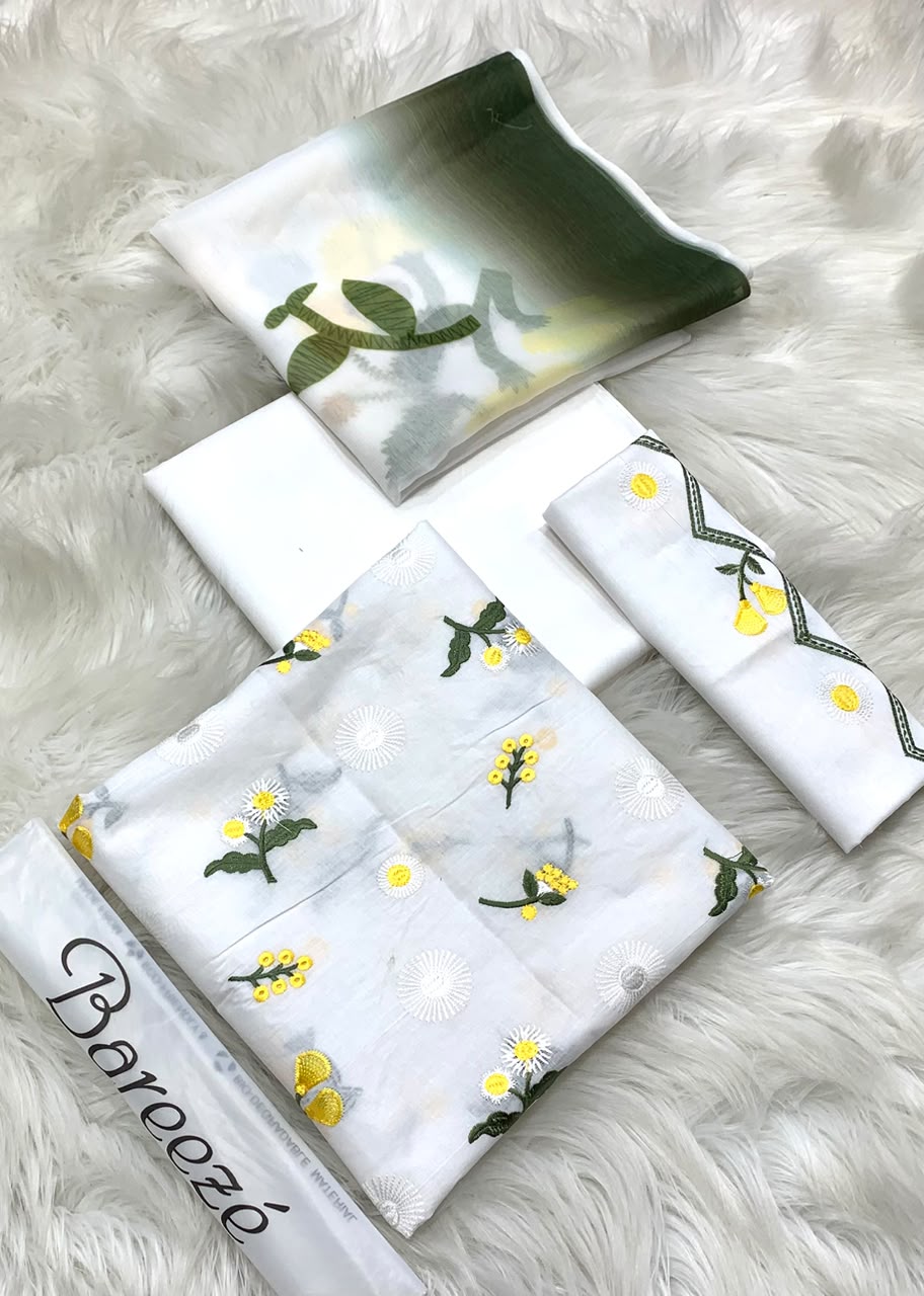 Bareeze Embroidery 3PC Lawn Suit White Floral – fabric flat lay