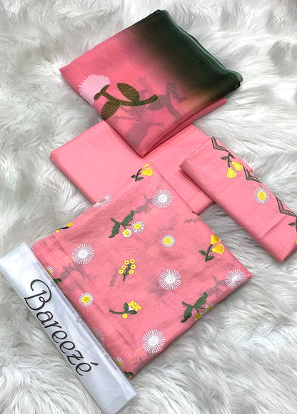 Bareeze Embroidery 3PC Lawn Suit Pink Floral – fabric flat lay