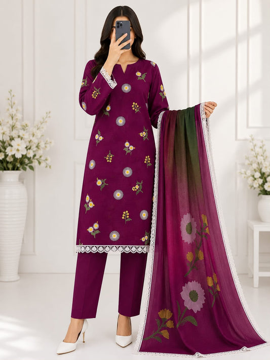 Bareeze Embroidery 3PC Lawn Suit Dark Purple Floral – model view
