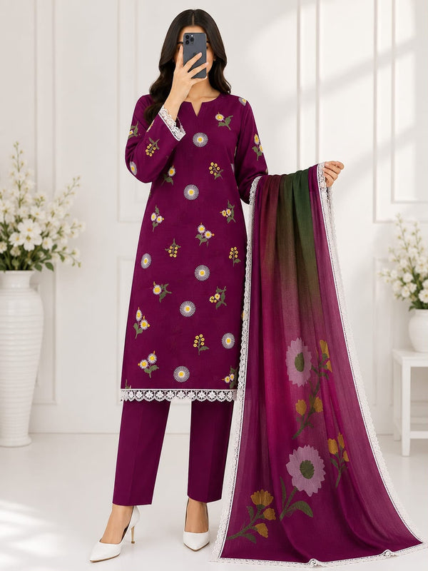 Bareeze Embroidery 3PC Lawn Suit Dark Purple Floral – model view