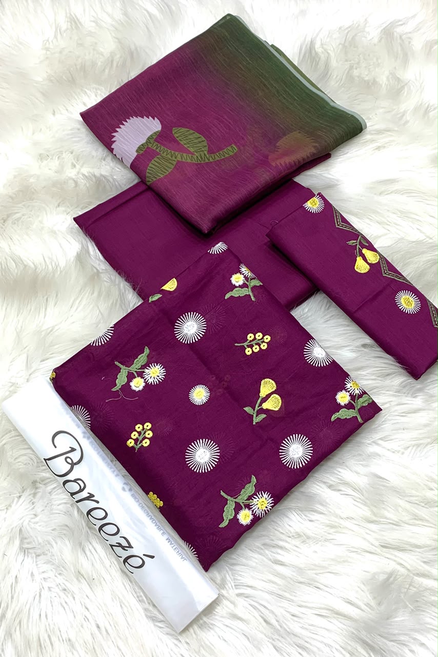 Bareeze Embroidery 3PC Lawn Suit Dark Purple Floral – fabric flat lay