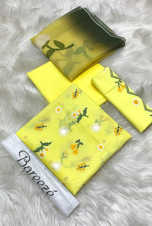 Bareeze Embroidery 3PC Lawn Suit Lemon Floral – fabric flat lay