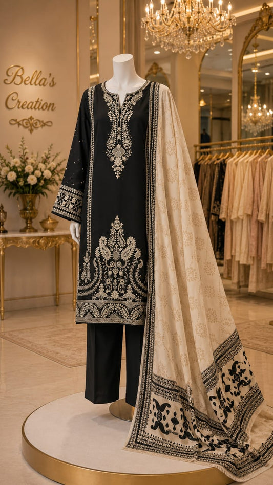 Bareeze Winter Collection | 3-Piece Embroidered Black Dhanak Suit with Digital Printed Shawl