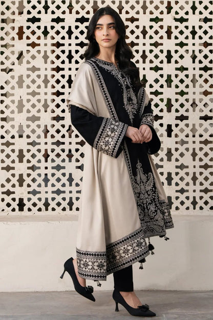 Bareeze Black Winter Dhanak Suit - Model Wearing 3-Piece Embroidered Suit with Digital Printed Shawl