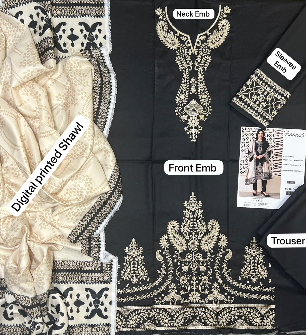 Bareeze Black Winter Dhanak Suit - 3-Piece Flat Lay with Neck Embroidery, Sleeves Emb, Digital Shawl and Trouser