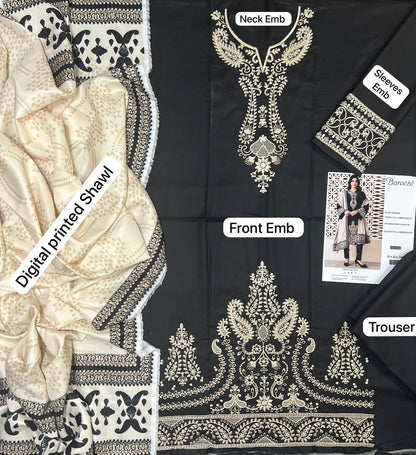 Bareeze Black Winter Dhanak Suit - 3-Piece Flat Lay with Neck Embroidery, Sleeves Emb, Digital Shawl and Trouser