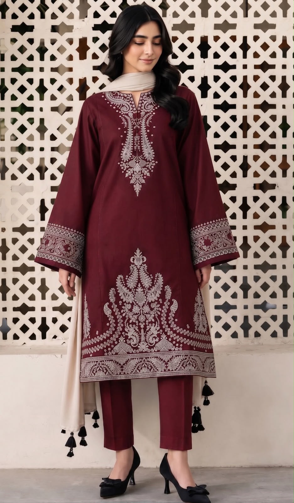 Bareeze HA-2002C Maroon Winter Dhanak Suit - Model Wearing 3-Piece Embroidered Suit with Digital Printed Shawl