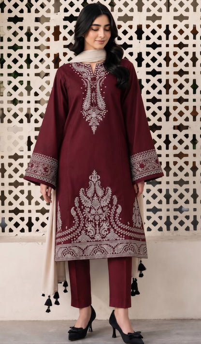 Bareeze HA-2002C Maroon Winter Dhanak Suit - Model Wearing 3-Piece Embroidered Suit with Digital Printed Shawl